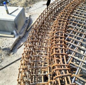 Close up of detailed steel fixing needed for the construction of an agricultural tank base in Cornwall.